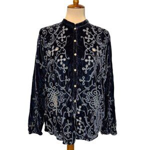 Johnny Was Navy Blye Velvet Embroidered Velvet Button Down Shirt Jacket Small